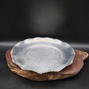 Vintage Wrought Aluminum Floral Serving Tray Scalloped Edge 8 7/8"